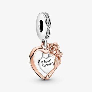 Pandora silver heart & rose flower dangle charm love forever